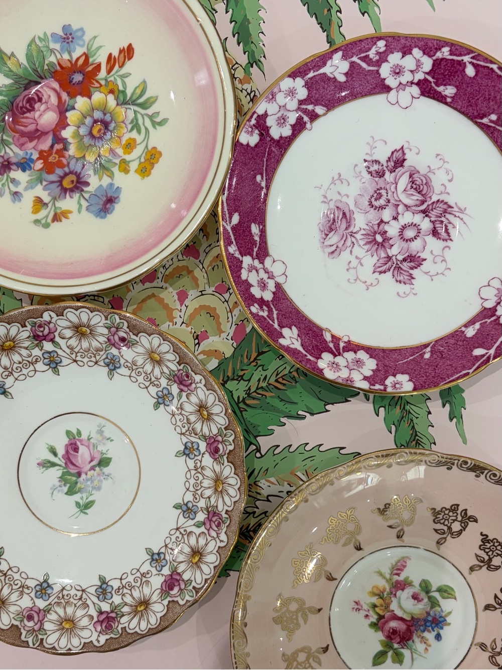 Pink, Vintage Floral Porcelain Saucer Plates